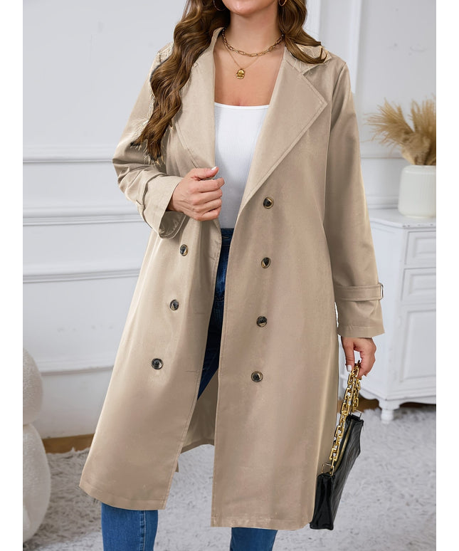 jkthpu-45 Elegant Plus Size Black DoubleBreasted Lightweight Trench Coat