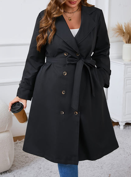 jkthpu-45 Elegant Plus Size Black DoubleBreasted Lightweight Trench Coat