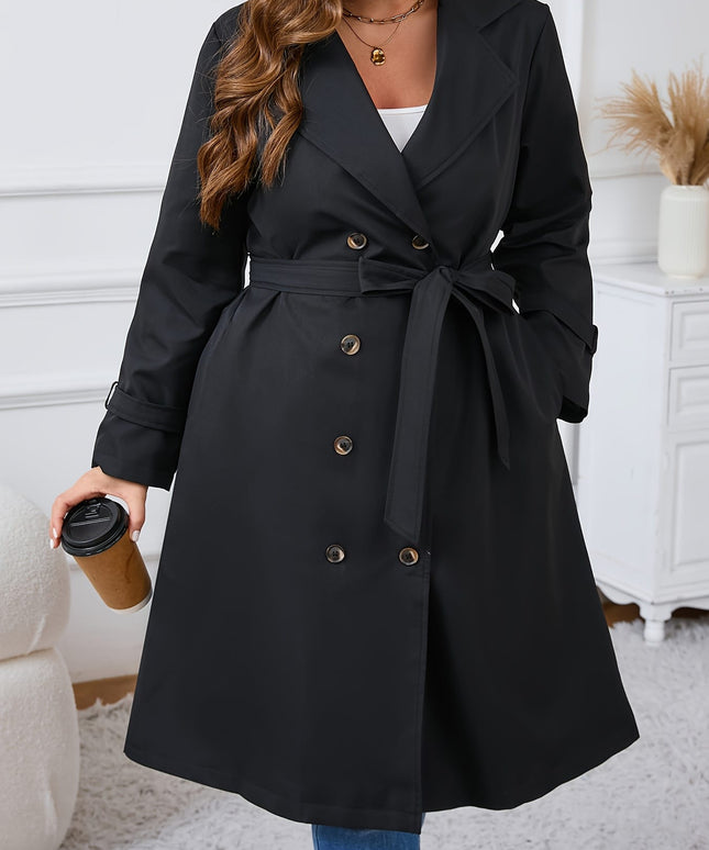 jkthpu-45 Elegant Plus Size Black DoubleBreasted Lightweight Trench Coat