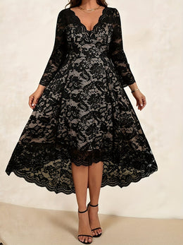 jkthpu-45 Elegant Plus Size Black Lace VNeck Long Sleeve Midi Dress