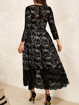 jkthpu-45 Elegant Plus Size Black Lace VNeck Long Sleeve Midi Dress