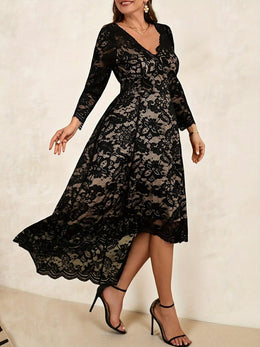 jkthpu-45 Elegant Plus Size Black Lace VNeck Long Sleeve Midi Dress