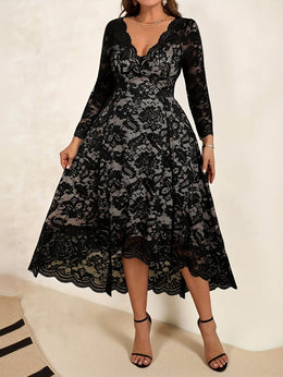 jkthpu-45 Elegant Plus Size Black Lace VNeck Long Sleeve Midi Dress