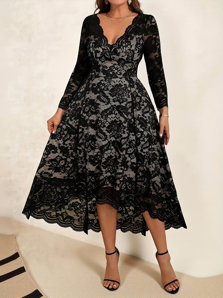 Elegant Plus Size Black Lace VNeck Long Sleeve Midi Dress