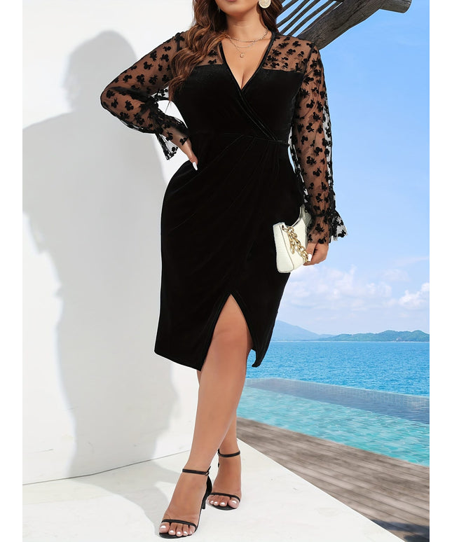 jkthpu-45 Elegant Plus Size Black Midi Dress with Sheer Long Sleeves & Lace Detail - V-Neck, Non-Stretch Fabric, Perfect for Spring/Summer/Fall, Breathable & Stylish, Summer Fashion | Contrast Lace Dress | Polyester Dress