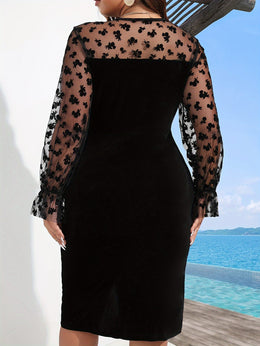 jkthpu-45 Elegant Plus Size Black Midi Dress with Sheer Long Sleeves & Lace Detail - V-Neck, Non-Stretch Fabric, Perfect for Spring/Summer/Fall, Breathable & Stylish, Summer Fashion | Contrast Lace Dress | Polyester Dress