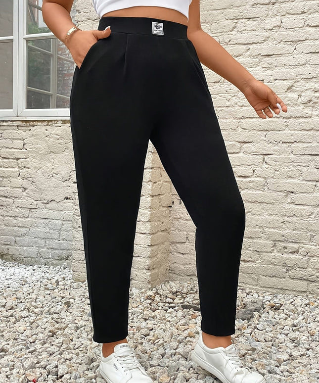 jkthpu-45 Elegant Plus Size Black Tapered WideLeg Trousers