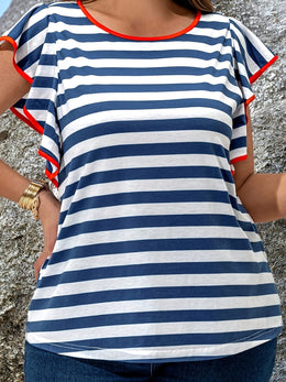 jkthpu-45 shirt Elegant Plus Size Blue  White Striped Ruffle Tee