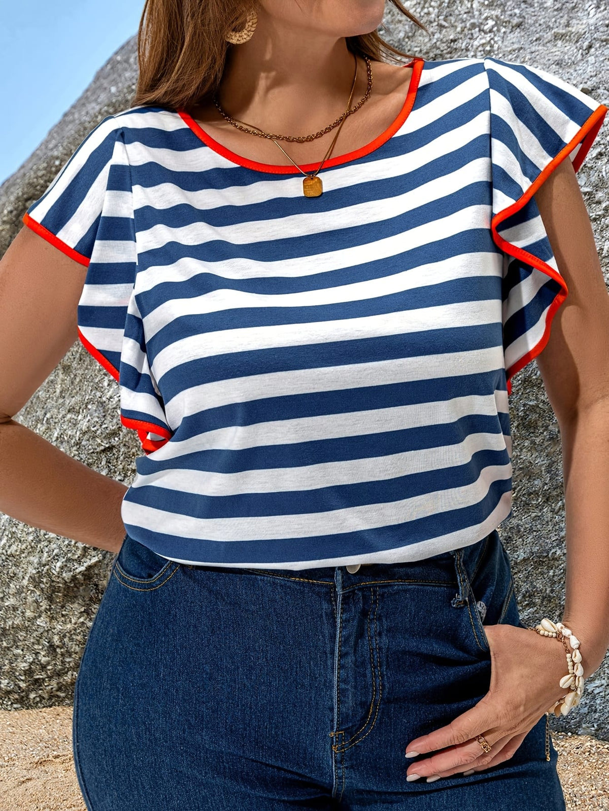 jkthpu-45 shirt Elegant Plus Size Blue  White Striped Ruffle Tee