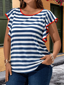 jkthpu-45 shirt Elegant Plus Size Blue  White Striped Ruffle Tee