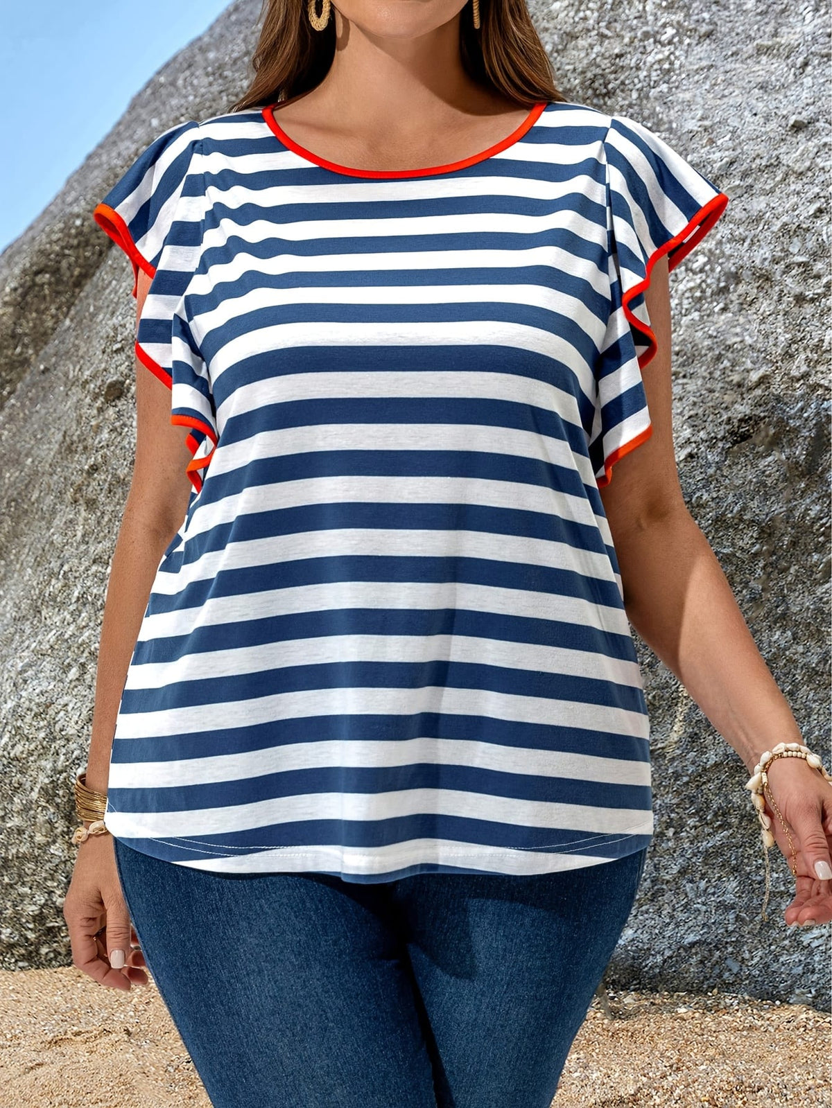 jkthpu-45 shirt Elegant Plus Size Blue  White Striped Ruffle Tee