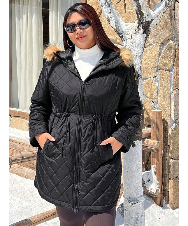 jkthpu-45 Elegant Plus Size FleeceLined Hooded Winter Jacket