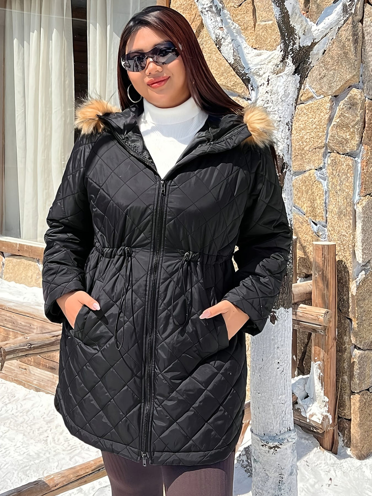 jkthpu-45 Elegant Plus Size FleeceLined Hooded Winter Jacket