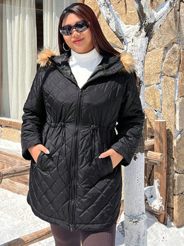 jkthpu-45 Elegant Plus Size FleeceLined Hooded Winter Jacket