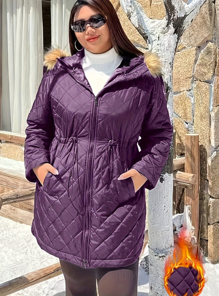 jkthpu-45 Elegant Plus Size FleeceLined Hooded Winter Jacket