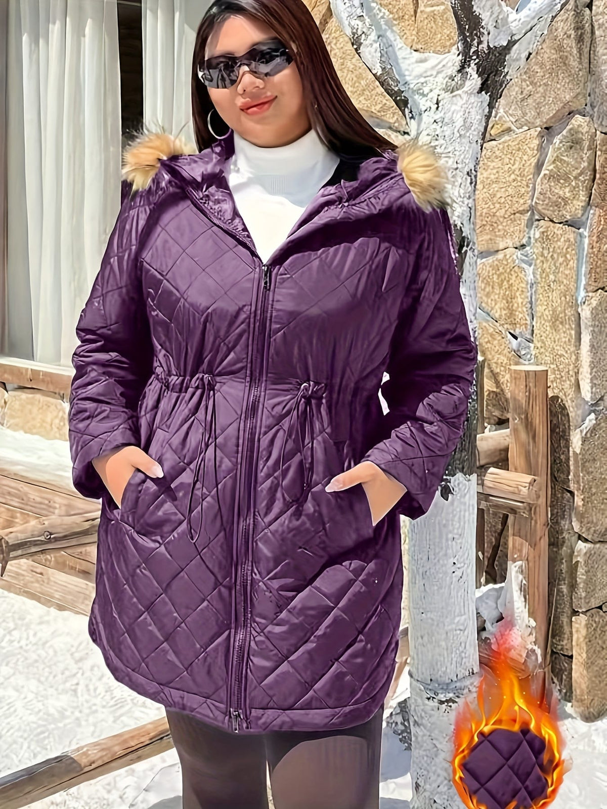 jkthpu-45 Elegant Plus Size FleeceLined Hooded Winter Jacket