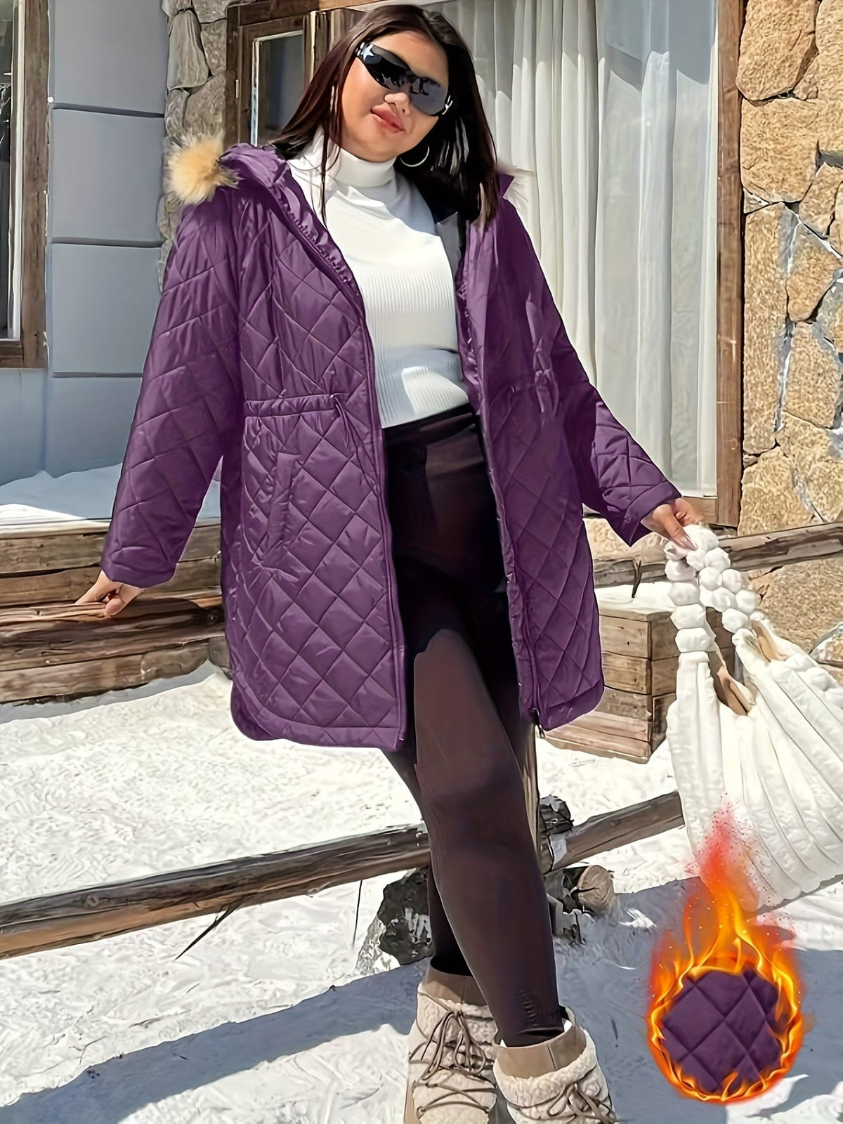 jkthpu-45 Elegant Plus Size FleeceLined Hooded Winter Jacket