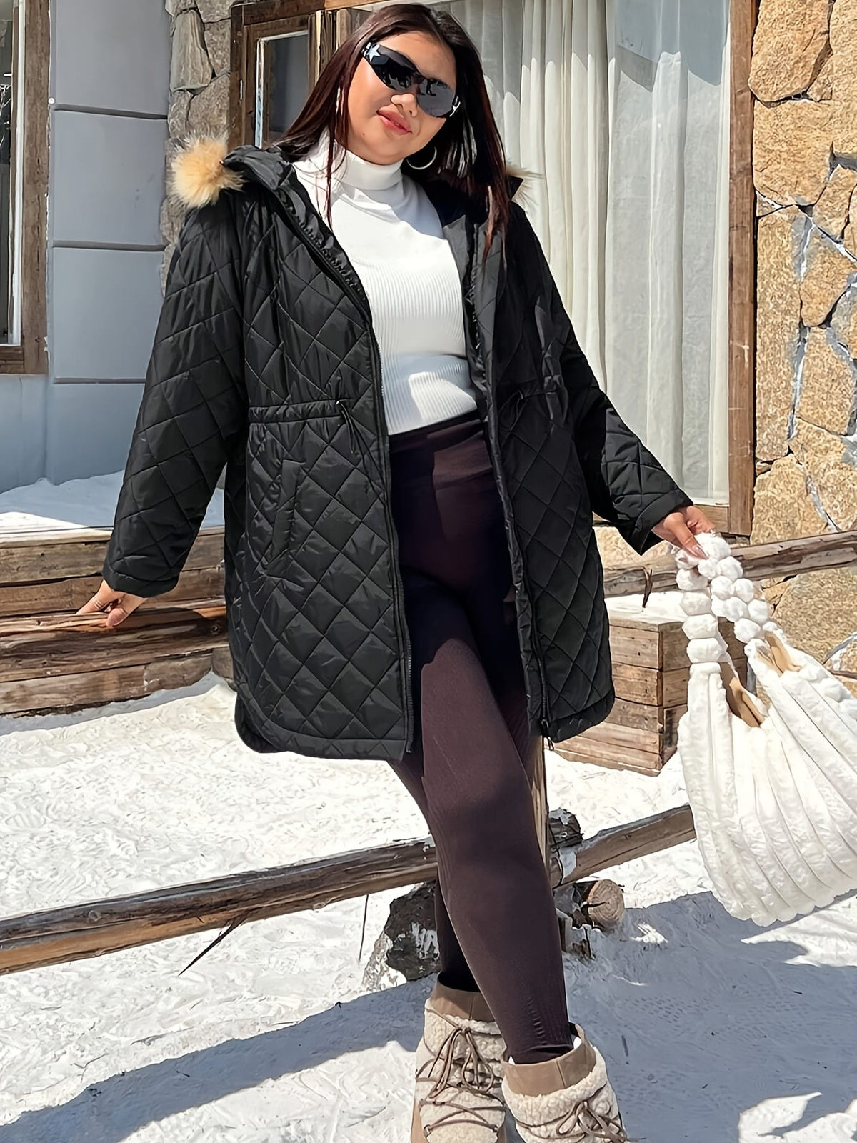 jkthpu-45 Elegant Plus Size FleeceLined Hooded Winter Jacket