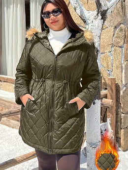 jkthpu-45 Elegant Plus Size FleeceLined Hooded Winter Jacket