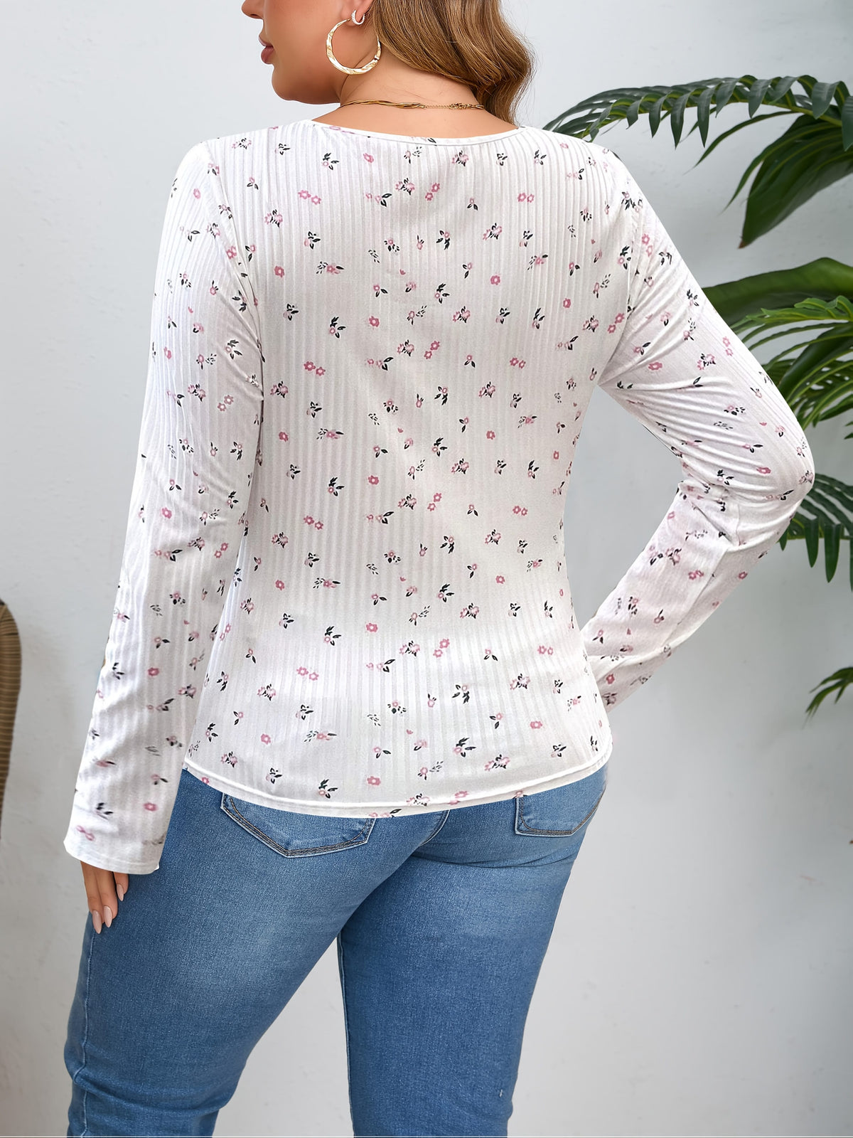 jkthpu-45 Elegant Plus Size Floral Bow Neck Long Sleeve Top