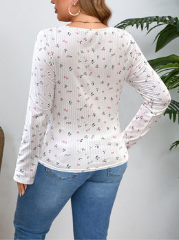 jkthpu-45 Elegant Plus Size Floral Bow Neck Long Sleeve Top