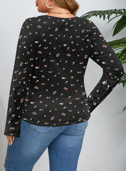 jkthpu-45 Elegant Plus Size Floral Bow Neck Long Sleeve Top