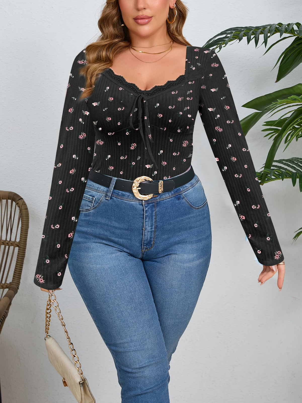 jkthpu-45 Elegant Plus Size Floral Bow Neck Long Sleeve Top