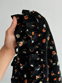 jkthpu-45 Elegant Plus Size Floral Dress with Ruffled Hem - French Square Neck, Short Sleeve, Cinched Waist, Black with Orange & White Flowers, Spring/Summer Women'S Fashion, Floral Dress
