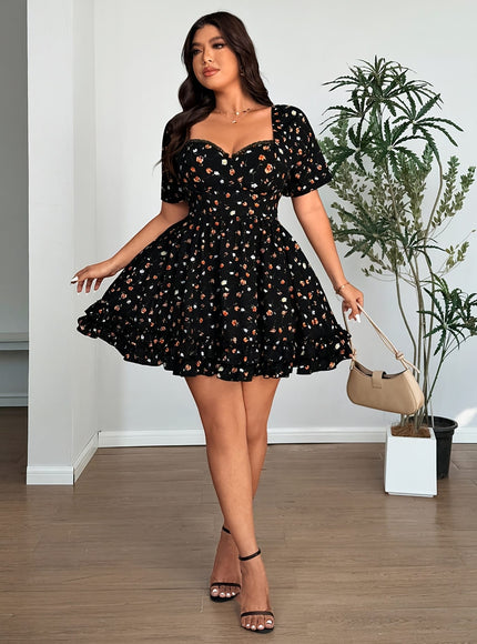 jkthpu-45 Elegant Plus Size Floral Dress with Ruffled Hem - French Square Neck, Short Sleeve, Cinched Waist, Black with Orange & White Flowers, Spring/Summer Women'S Fashion, Floral Dress