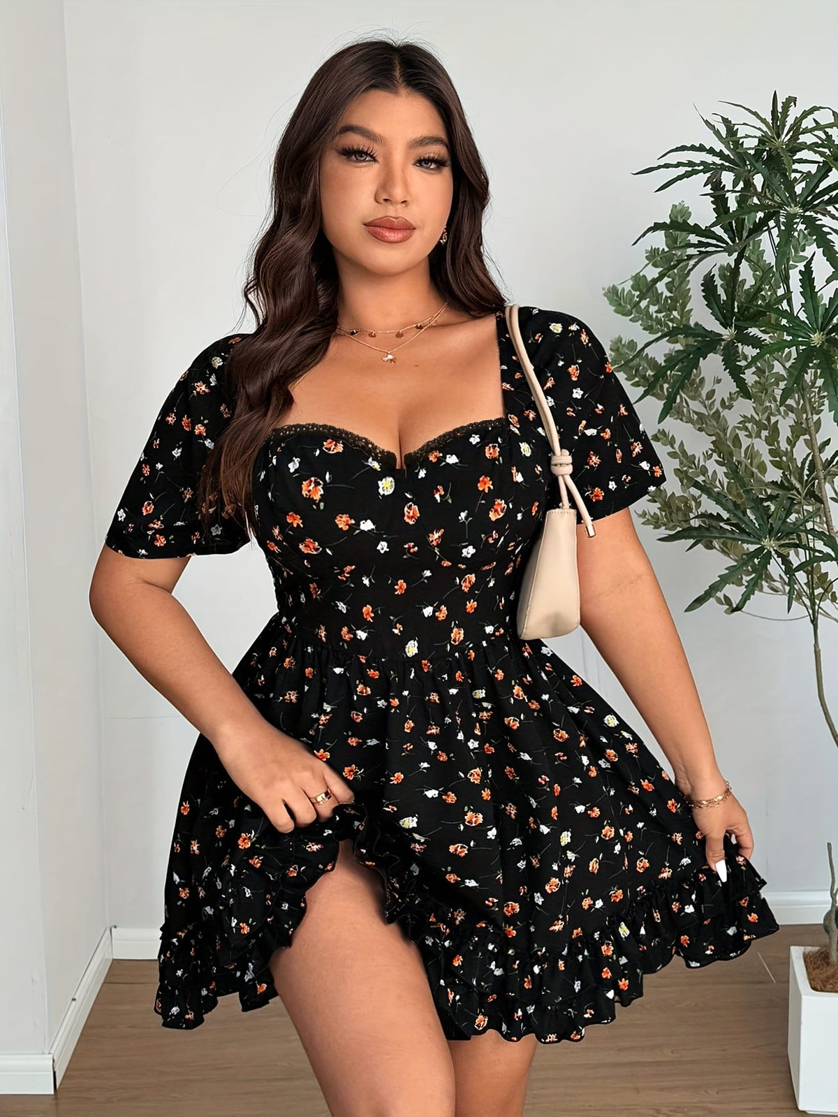 jkthpu-45 Elegant Plus Size Floral Dress with Ruffled Hem - French Square Neck, Short Sleeve, Cinched Waist, Black with Orange & White Flowers, Spring/Summer Women'S Fashion, Floral Dress