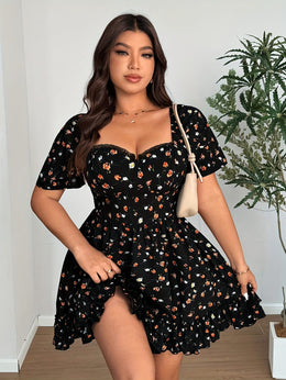 jkthpu-45 Elegant Plus Size Floral Dress with Ruffled Hem - French Square Neck, Short Sleeve, Cinched Waist, Black with Orange & White Flowers, Spring/Summer Women'S Fashion, Floral Dress