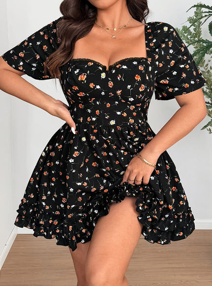 jkthpu-45 Elegant Plus Size Floral Dress with Ruffled Hem - French Square Neck, Short Sleeve, Cinched Waist, Black with Orange & White Flowers, Spring/Summer Women'S Fashion, Floral Dress