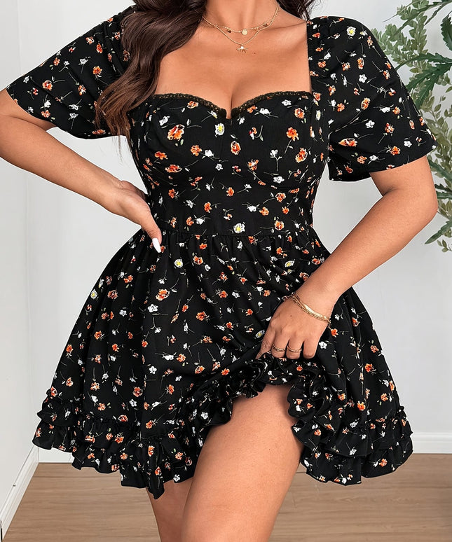 jkthpu-45 Elegant Plus Size Floral Dress with Ruffled Hem - French Square Neck, Short Sleeve, Cinched Waist, Black with Orange & White Flowers, Spring/Summer Women'S Fashion, Floral Dress