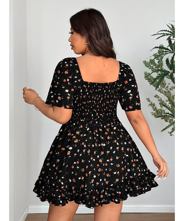 jkthpu-45 Elegant Plus Size Floral Dress with Ruffled Hem - French Square Neck, Short Sleeve, Cinched Waist, Black with Orange & White Flowers, Spring/Summer Women'S Fashion, Floral Dress