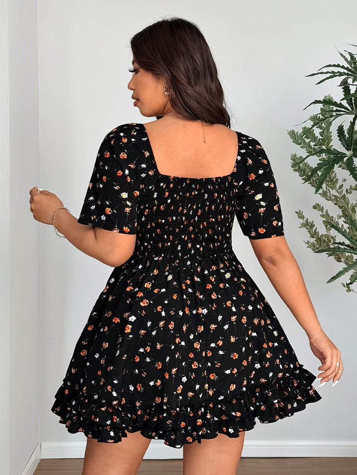 Elegant Plus Size Floral Dress with Ruffled Hem - French Square Neck, Short Sleeve, Cinched Waist, Black with Orange & White Flowers, Spring/Summer Women'S Fashion, Floral Dress