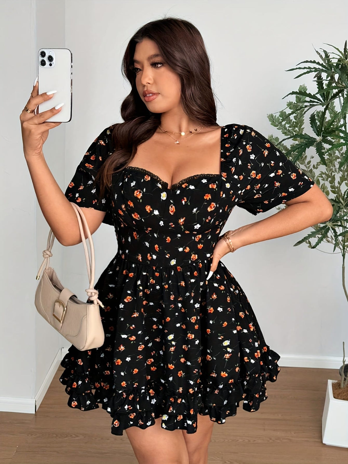 jkthpu-45 Elegant Plus Size Floral Dress with Ruffled Hem - French Square Neck, Short Sleeve, Cinched Waist, Black with Orange & White Flowers, Spring/Summer Women'S Fashion, Floral Dress