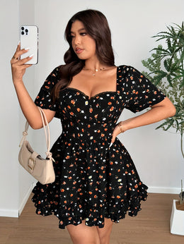 jkthpu-45 Elegant Plus Size Floral Dress with Ruffled Hem - French Square Neck, Short Sleeve, Cinched Waist, Black with Orange & White Flowers, Spring/Summer Women'S Fashion, Floral Dress