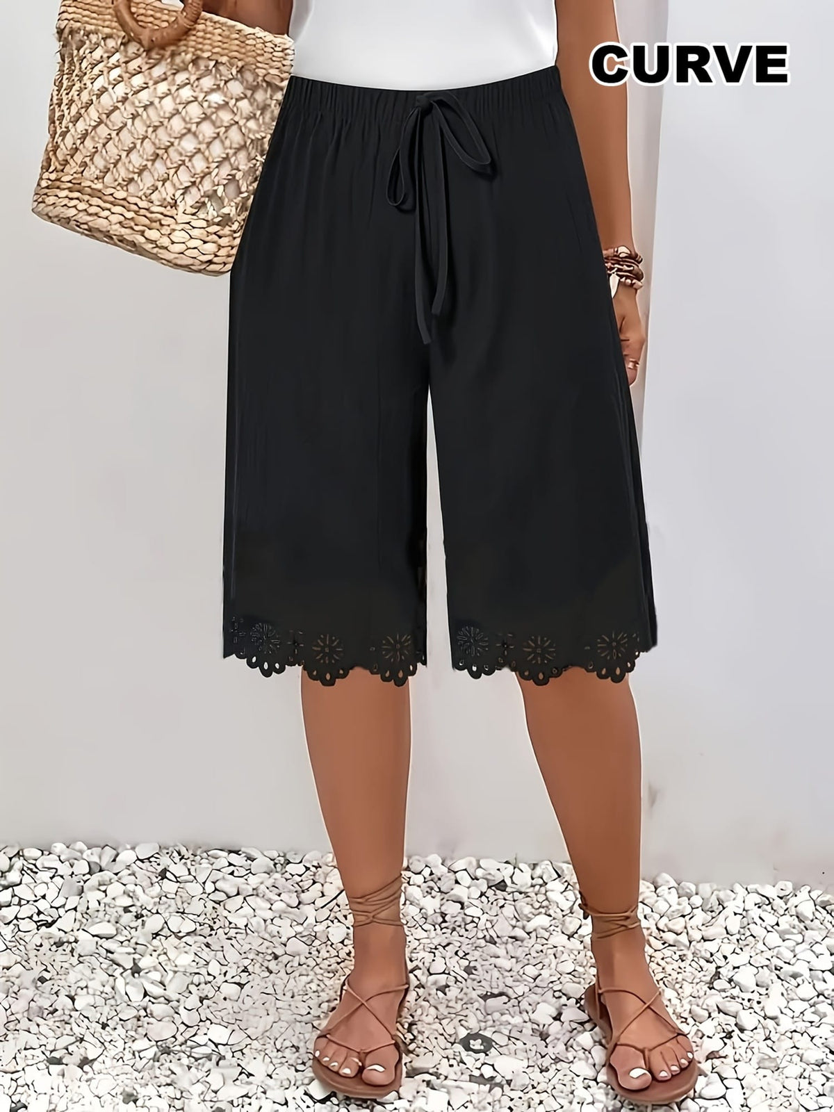 jkthpu-45 Elegant Plus Size Floral Edge Commuter Pants