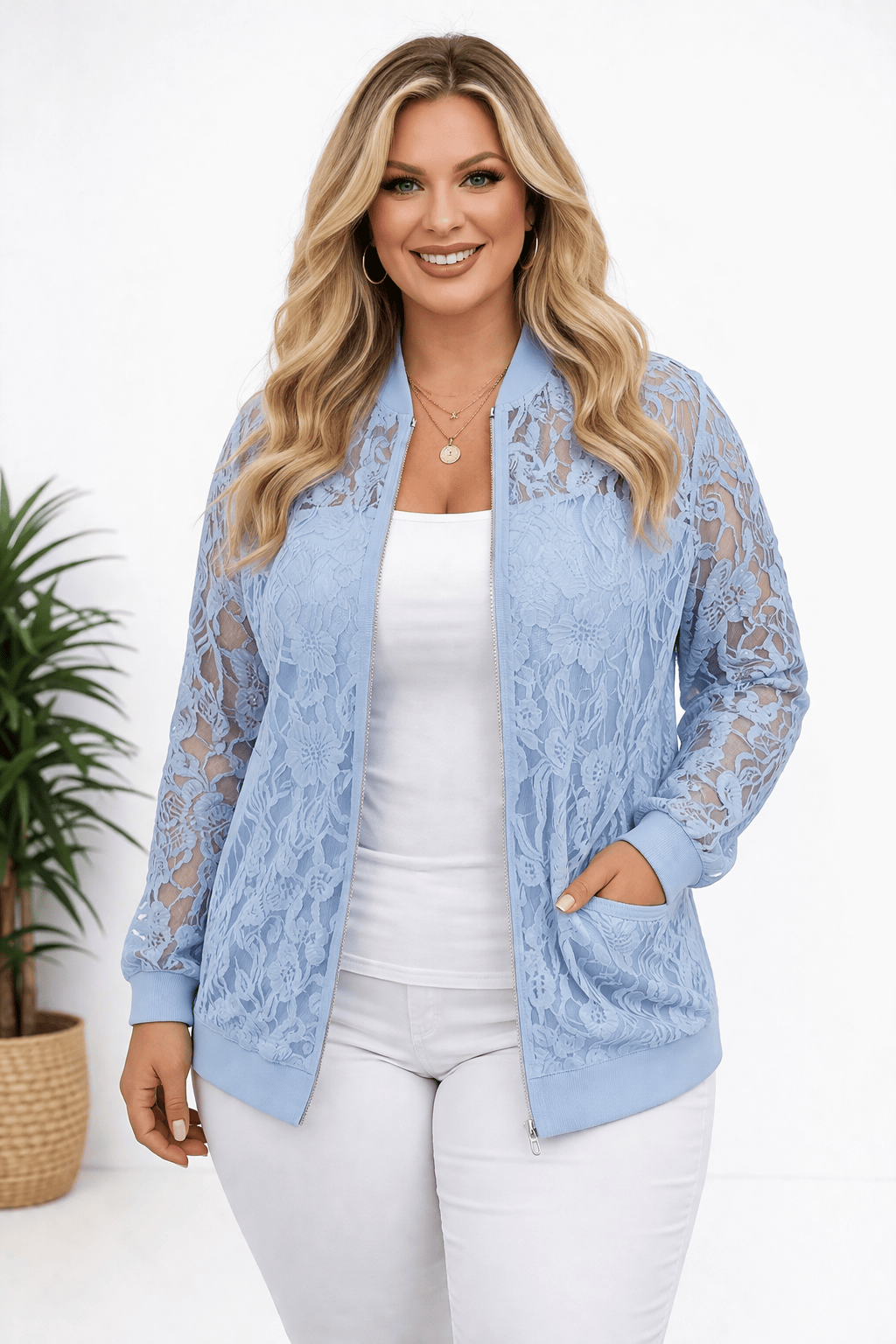 KissICON Outerwear Elegant Plus Size Floral Lace Contrast Baseball Jacket
