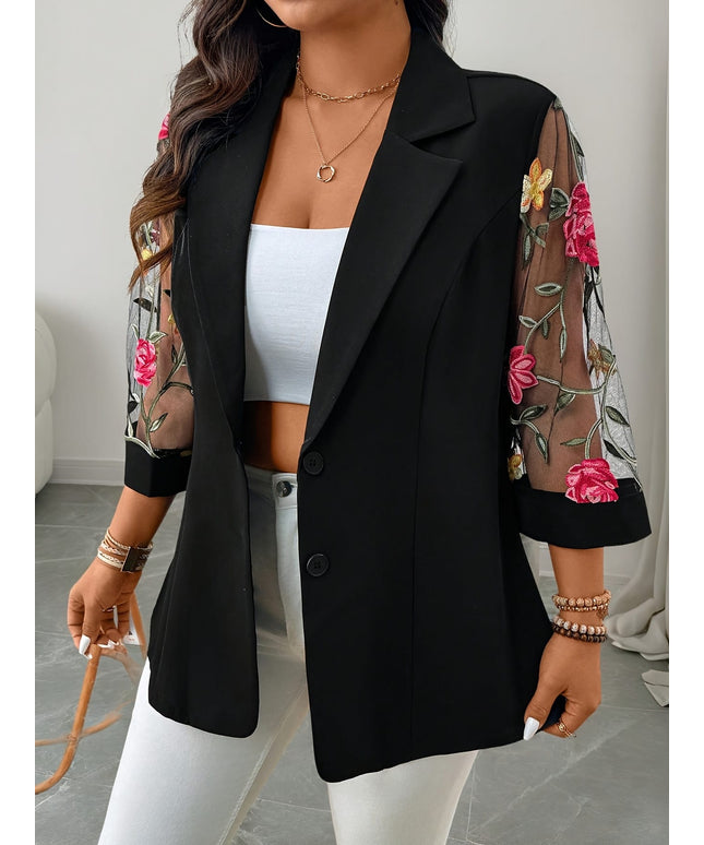 jkthpu-45 Elegant Plus Size Floral Mesh Blazer SpringSummer Versatility