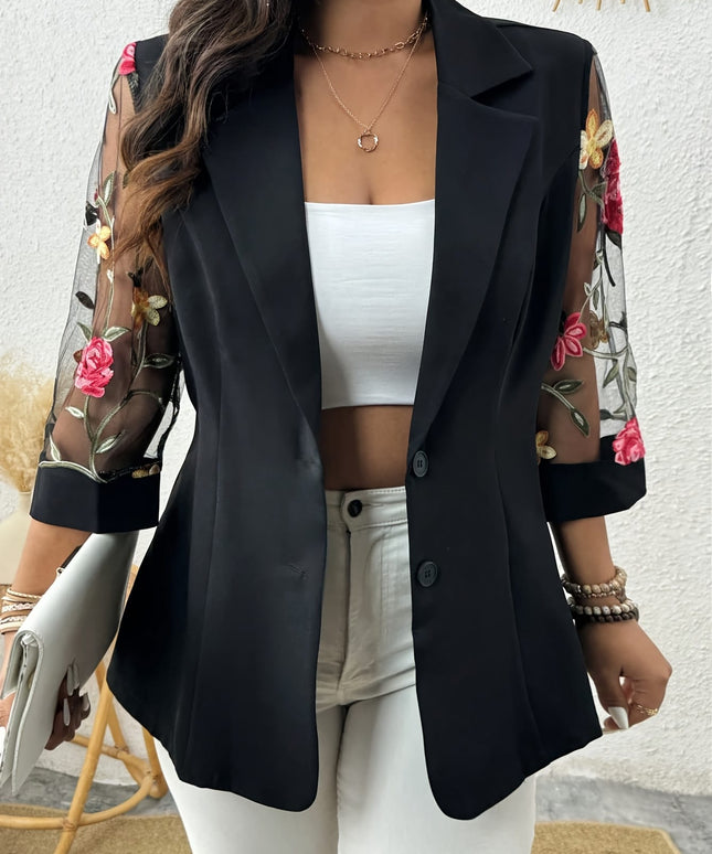 jkthpu-45 Elegant Plus Size Floral Mesh Blazer SpringSummer Versatility