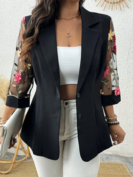 jkthpu-45 Elegant Plus Size Floral Mesh Blazer SpringSummer Versatility