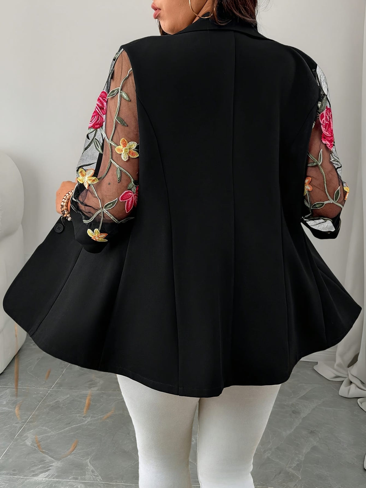 jkthpu-45 Elegant Plus Size Floral Mesh Blazer SpringSummer Versatility