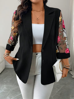 jkthpu-45 Elegant Plus Size Floral Mesh Blazer SpringSummer Versatility