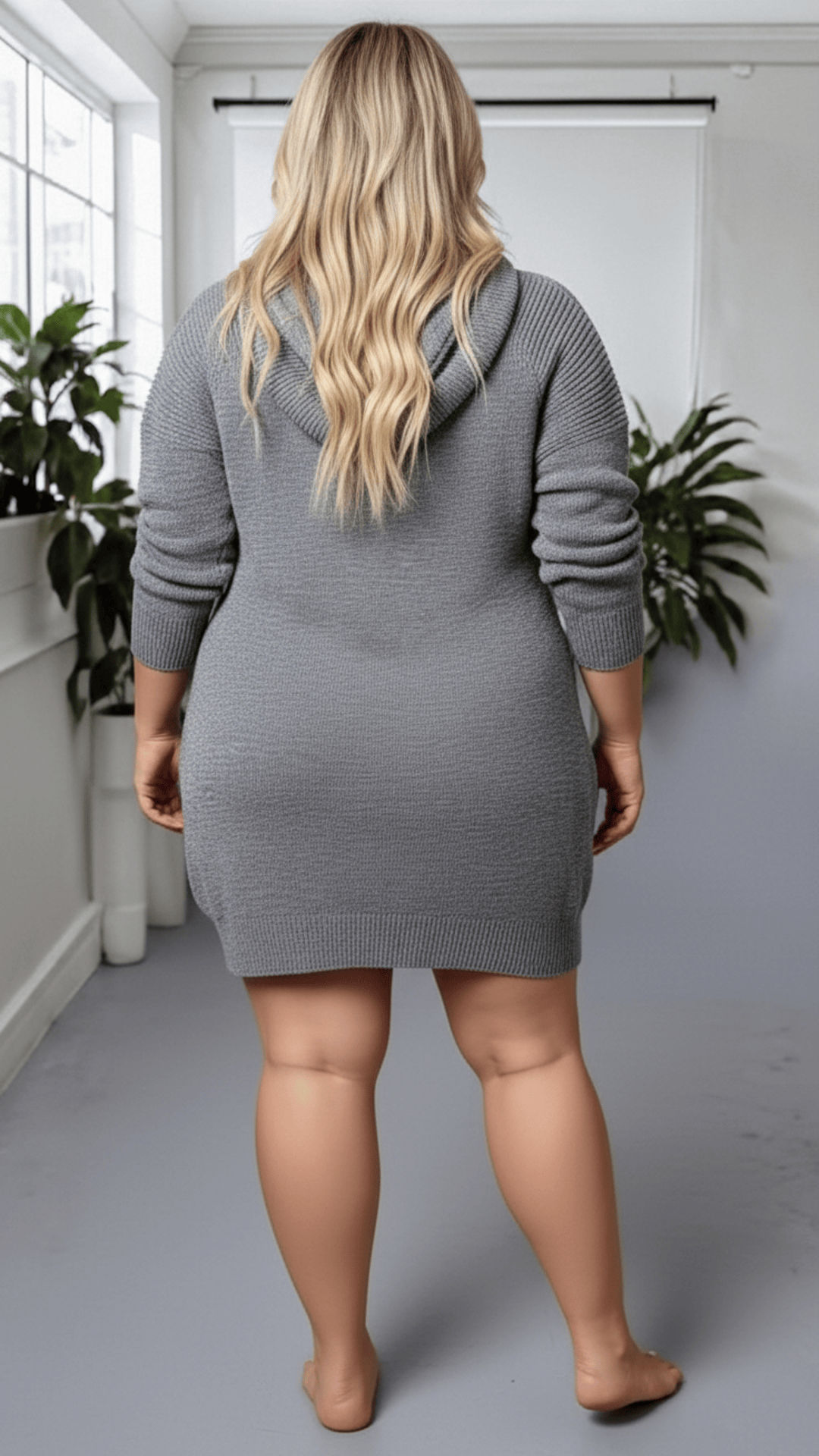 jkthpu-45 Elegant Plus Size Hooded LaceUp Sweater Dress