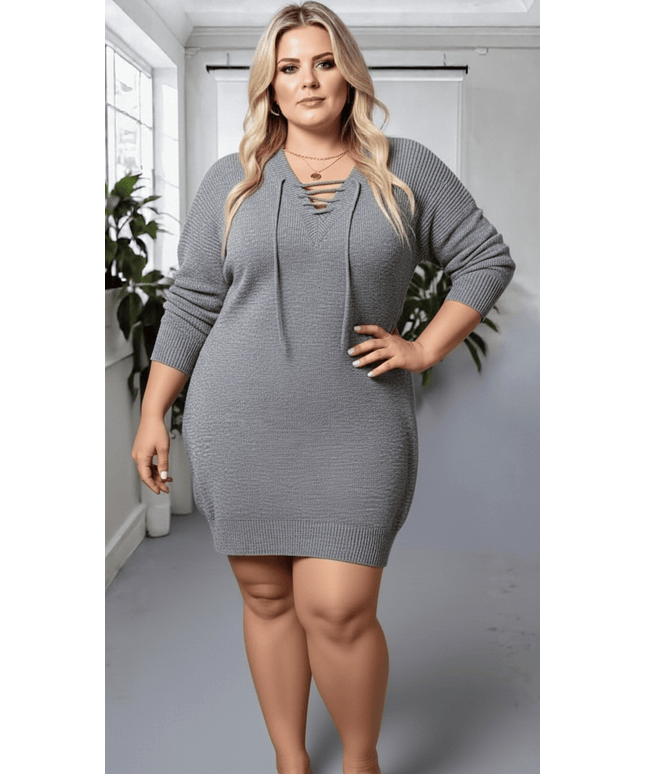 jkthpu-45 Elegant Plus Size Hooded LaceUp Sweater Dress