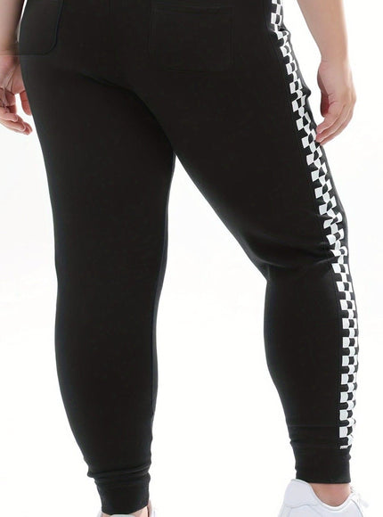 jkthpu-45 Elegant Plus Size Jogger Sweatpants with Side Checkered Pockets