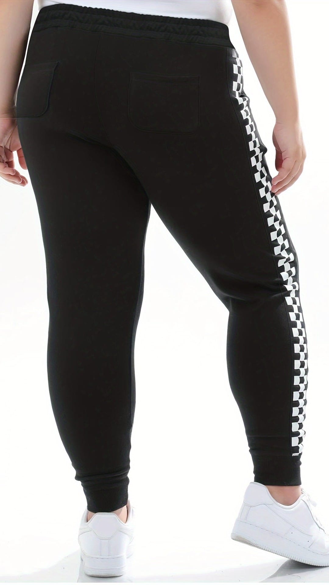 jkthpu-45 Elegant Plus Size Jogger Sweatpants with Side Checkered Pockets
