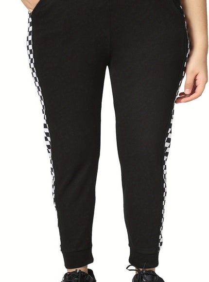 jkthpu-45 Elegant Plus Size Jogger Sweatpants with Side Checkered Pockets