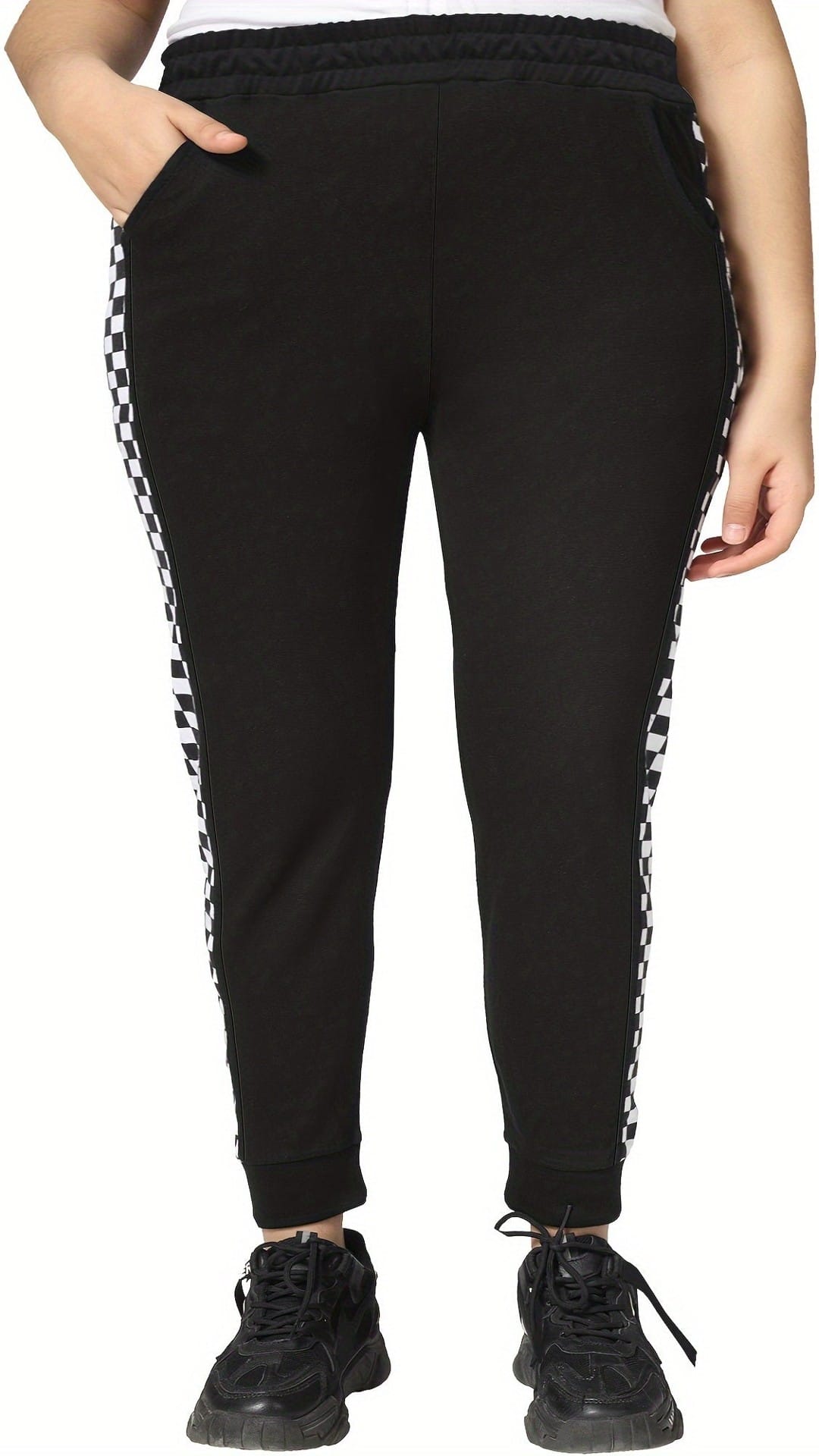 jkthpu-45 Elegant Plus Size Jogger Sweatpants with Side Checkered Pockets